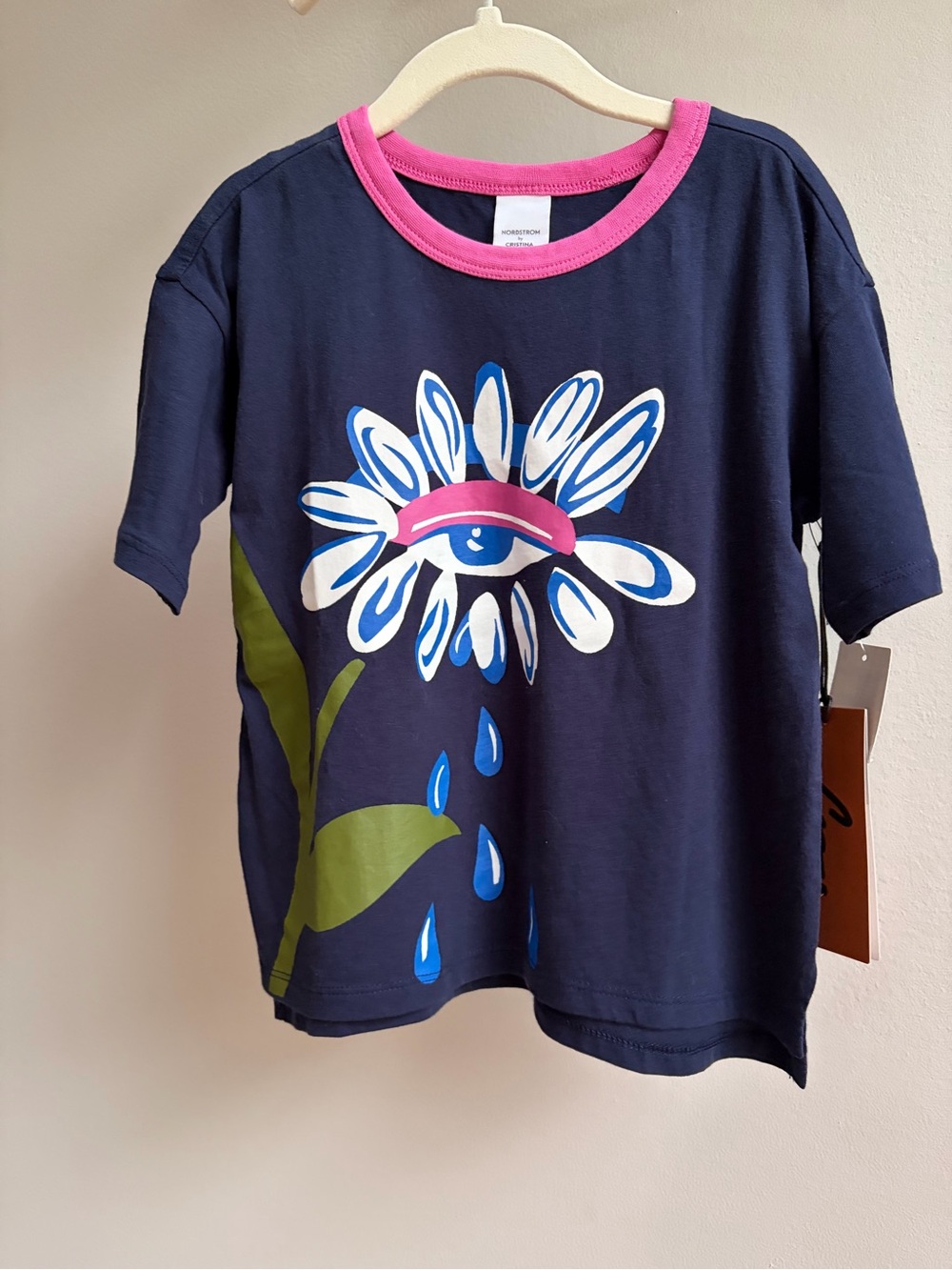 Nordstrom Navy Kids Tee with Pink Neckline and Floral Graphic